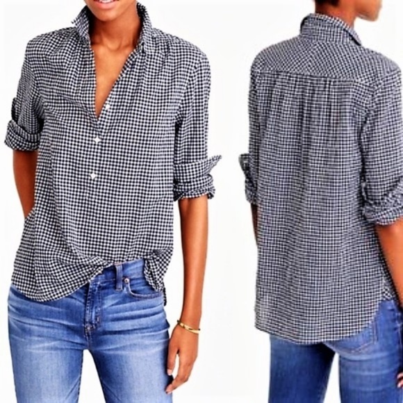 J. Crew Tops - J. CREW Gathered Popover Shirt Micro Gingham 00